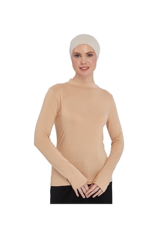 Kadın Organik Uzun Kollu Balıkçı Yakalı Body Koyu Bej