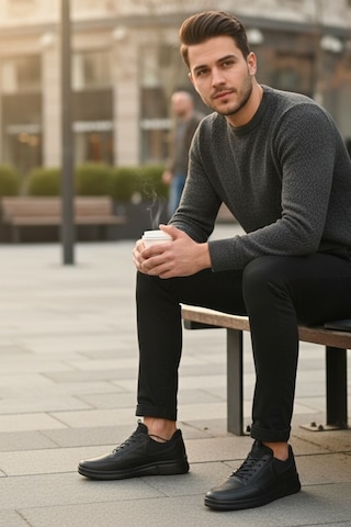 Enoch Hakiki Deri Topuk Destekli Erkek Sneaker Ayakkabı Ortopedik Taban Siyah