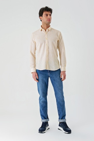 İmza Hardal Uzun Kollu Çizgili Biritli Yaka Pamuklu Likralı Casual Slim Fit Dar Kesim Gömlek 1004240233-hardal Hardal