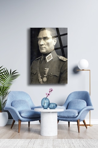 Atatürk Cam Tablo - Portre - Cam Tablo - Duvar Dekoru - Atatürk Portresi - Kaliteli Baskı Ata007 Atatürk Temalı Dekoratif Duvar Tablosu, Salon, Ofis Ve Çalışma Alanı Dekoru,