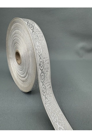 2 Cm Gümüş Yaldızlı Desenli Saten Şerit-5 Metre