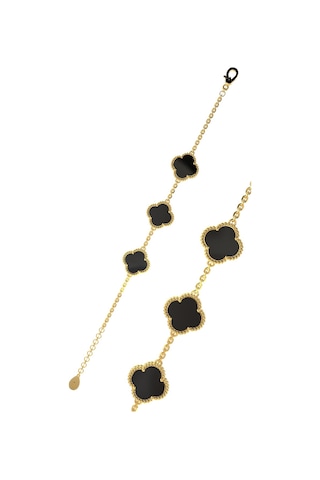 Erdobia 925 Ayar Oniks Taşlı Gold Üçlü Yonca Gümüş Bileklik