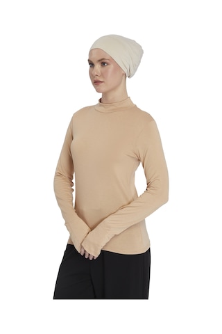 Kadın Organik Parmak Geçmeli Balıkçı Yakalı Body Koyu Bej