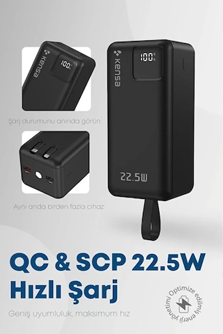 50.000 Mah Dijital Göstergeli Dahili Çoklu Kablolu Powerbank Süper Hızlı Şarj Taşınabilir Şarj Siyah