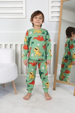 Zuzunga Dinozor Desenli Erkek Çocuk Pijama Takımı Yeşil Yeşil1