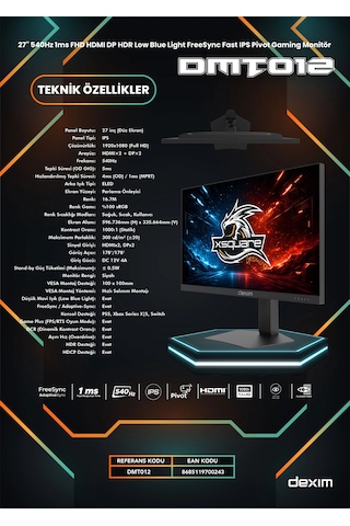 Dexim Dmt012 27" 540hz 1ms Fhd Hdmı Dp Hdr Low Blue Light Freesync Fast Ips Pivot Gaming Monitör