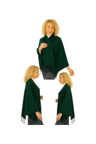 1 Adet Kadın Büyük Bedene Uygun Ekstra Yumuşak Dokulu Püskül Detaylı Kışlık Atkı Omuz Şalı Koyu Yeşil