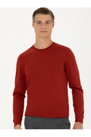 Cacharel Koyu Kiremit Slim Fit Bisiklet Yaka Triko Kazak Kırmızı