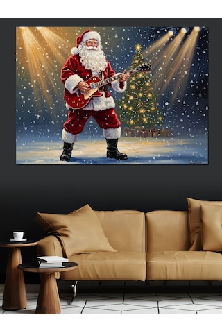 Gitar Çalan Noel Baba Figürü Dekoratif Kanvas - Mdf Ahşap Tablo