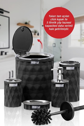 Okyanus Home Diamond Siyah Kromlu Click Kapak Banyo Seti 5'li Siyah