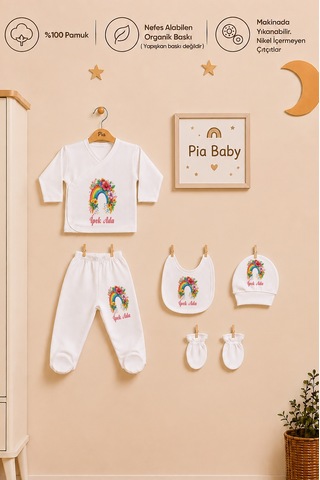 Pia Baby Kız Bebek 5'li Zıbın Seti %100 Pamuk İsimli Kişiye Özel Organik Baskılı 1005z3x Krem