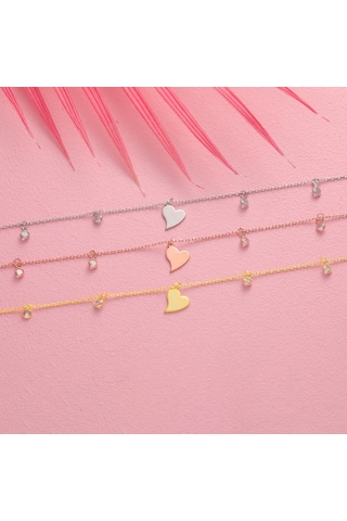 925 Ayar Gümüş Kalp Objeli Zirkon Taş Sallantılı Hal Hal Gold