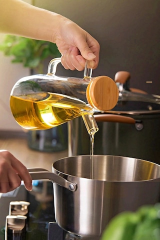 2'li Bambu Kapaklı Cam Yağdanlık Vakumlu Borosilikat Cam Sirkelik Zeytinyağı Şişesi Yağlık 900 Ml.