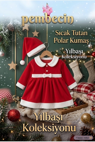 Pembecin Kız Bebek Yılbaşı Kostümü, Şapkalı Kırmızı Noel Baba Bebek Elbisesi Seti
