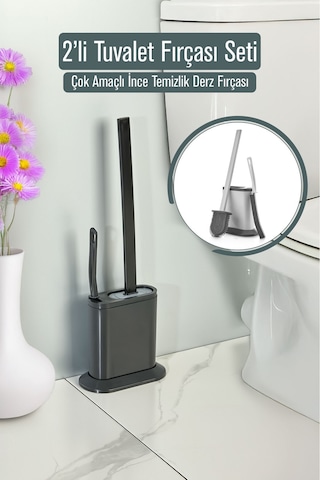 İndecor Houseware 2'li Tuvalet Fırçası Seti Ve Çok Amaçlı İnce Temizlik Fırçası Derz Banyo Detay Temizleme Fırçası Siyah