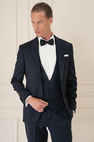 Efor Black 078 Slim Fit Çıkarılabilir Saten Yaka Cerutti Kumaş Yelekli Lacivert Damatlık Smokin Takım Lacivert