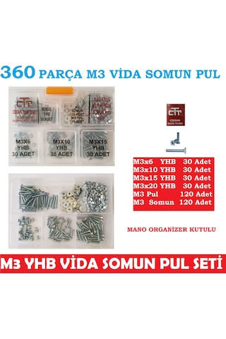 M3 Vida Seti 360 Parça Metrik 3 Yhb Vida -Somun-Pul Seti