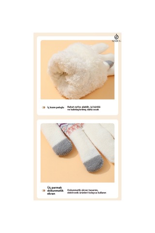 Kadınlar İçin Dokunmatik Ekranlı Kadife Sıcak Sevimli Çizgi Film Geyik Yün Eldiven Haki