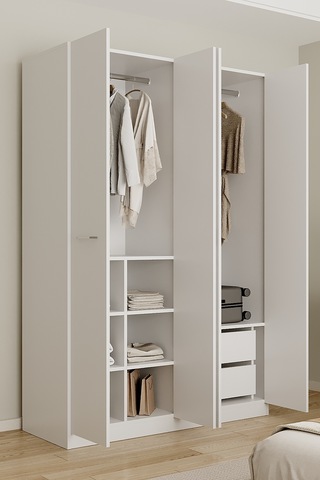 Aeka Ae-3191 Burç Aynalı 4 Kapaklı Çok Bölmeli Askılı Raflı Ve Çekmeceli 210x140x53cm Gardırop Beyaz