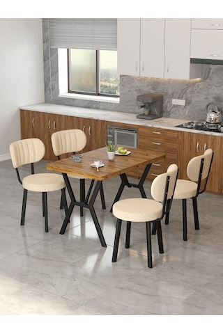 Azra 70x110cm Atlantik Mutfak Masası, Mutfak Masası Takımı, Yemek Masası, 4 Krem Sandalye Krem