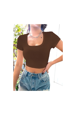 Rooted-kadın Kare & Havuz Yaka Crop T-shirt ,likralı Fitilli Kaşkorse Kumaş Kahverengi