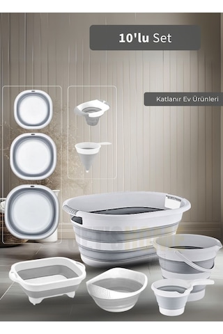 Jet's Home 10'lu Set Katlanır Sele- Badya- Kova- Maşrapa- Pirinç Süzgeci- Kesim Panosu-huniler Bpa Free Beyaz - Gri