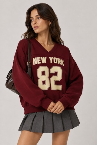 Vadon 1046 Kadın V Yaka New York Baskılı 3 İplik Pamuklu Sweatshirt Bordo