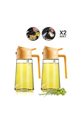 Madamev 2 Adet Çift Fonksiyonlu Cam Yağdanlık 450ml Zeytinyağı Sıvıyağ Şişe Sprey Airfryer Yağlık Si Turuncu
