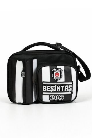 Beşiktaş Lisanslı Çubuklu Desen Rubber Logolu Su İtici Kumaşlı Beslenme Çantası Siyah - Beyaz