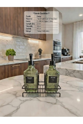 Modern Çizgili - Kabartmalı Cam İkili Sıvı Sabunluk & Deterjanlık Seti - 500ml Standlı Mutfak Ve Banyo Organizeri Yeşil