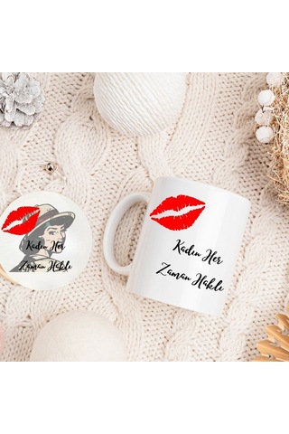 Kadın Her Zaman Haklı Tasarımlı Kupa Ve Mdf Bardak Altlığı Hediye Seti Mizahi Ve Şık Tasarım
