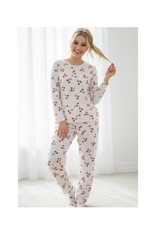 Siyah İnci Mevsimlik İnce Bisiklet Yaka Örme Pijama Takım 7979 Kiraz Desen