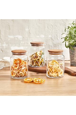 Selka Home - 3'lü Kesme Detaylı Ahşap Kapak Kavanoz 890 Ml