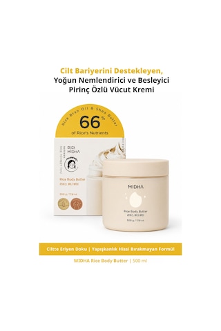 Mıdha Rice Body Butter Cilt Bariyeri Desteği ve Yoğun Nem Sunan Pirinç Özlü Vücut Kremi 500 ML