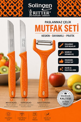 Solingen Ritter 3'lü Paslanmaz Çelik Mutfak Seti Turuncu