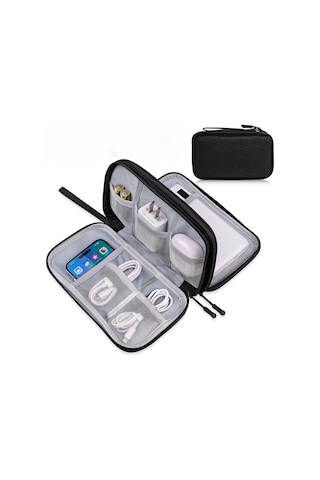 Organizer Organiser 2 Bölmeli Elektronik Kablo Şarj Kulaklık Ssd Çanta Kılıf Siyah