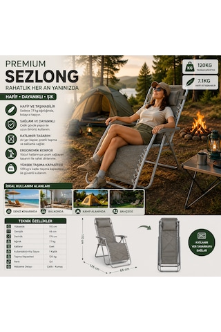 Premium Katlanır Şezlong Gri Ergonomik Bahçe, Kamp, Havuz, Balkon Ve Plaj Dinlenme Koltuğu Çelik Gövde 120 Kg Taşıma Kapasiteli