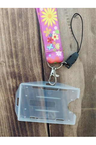 Kır Çiçekleri Pembe Kart Askısı Yaka Kartı Boyun Askı İpi Telefon Askısı Yatay Dikey Kart Koruyucu