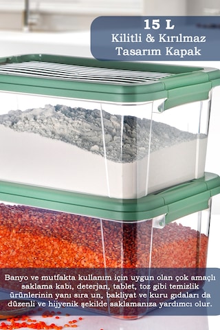 2'li Mega 15l Un Bakliyat Erzak Kabı - Kilitli Kapaklı Banyo Düzenleyici Deterjanlık Saklama Kutusu Yeşil