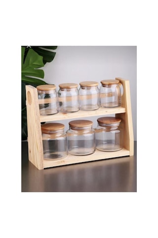 Bambu Kapaklı 7 Parça Cam Baharatlık-baharat Takımı şeffaf