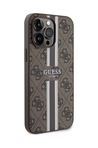 Apple Uyumlu iPhone 14 Pro Max Kılıf Guess Lisanslı Magsafe Şarj Özellikli 4g Şerit Tasarımlı Printed Kahverengi