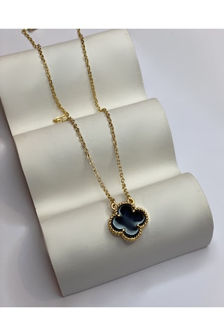 Kadın Siyah Renk Yonca Model Çelik Kolye Gold