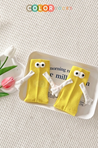 Color Socks Sarı Çocuk Mıknatıslı El Ele Tutuşan Çoraplar Topuksuz Sarı