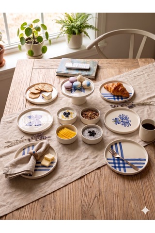 Blue Gift 6 Kişilik 11 Parça Seramik Kahvaltı Takımı Mavi Desenli Modern Sunum & Pasta Tabağı Seti Beyaz