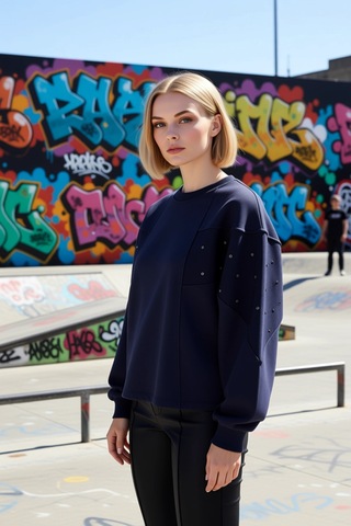 Benerly Kadın Bisiklet Yaka Düşük Kol Oversize %100 Pamuk Sweatshirt Fonk Lacivert