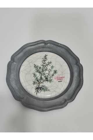 Vintage Zınn Çerçeveli Dekoratif Ardıç Dalı Temalı Duvar Tabağı 10cm 004
