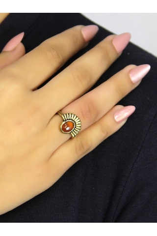 Doğal Taş Akik Yuvarlak Doğal Taşlı Antik Model Kadın Ayarlanabillir Yüzük Euy82a Kırmızı