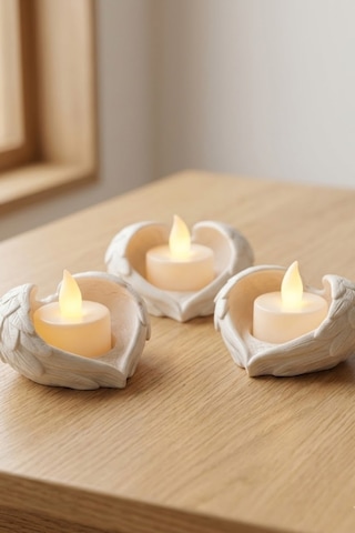 Melek Işığı Seti 3 Lü Melek Kanatlı Led Mum Dekoratif Tealight 8 X 7 Cm Beyaz
