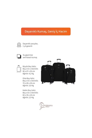 3'lü Valiz Seti 4 Teker Kumaş Valiz Siyah 1081 Siyah