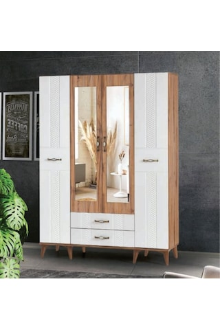 Bera Ceviz - Beyaz 4 Kapılı Tuğçe Dolap